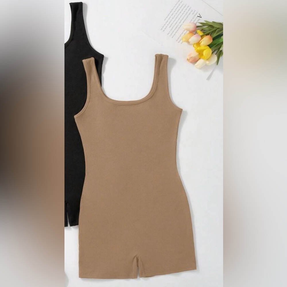 Tan Ribbed Romper Shorts